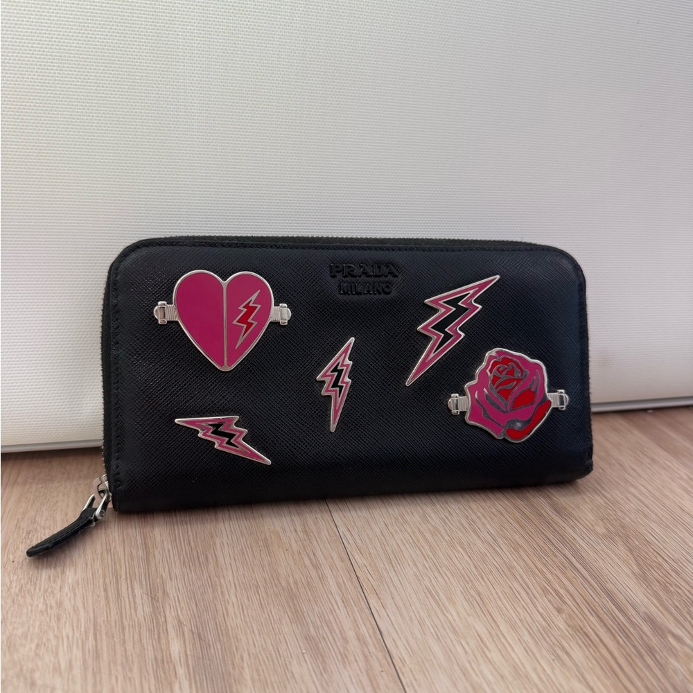 Prada Black Wallet with Pink and Red Accents